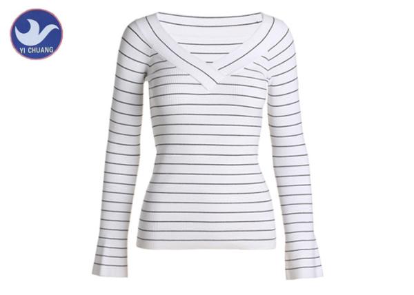 Buy cheap Big V Neck Womens Knit Pullover Sweater Ribs Stripes Small Trumpet Cuff Spring Knitwear from wholesalers