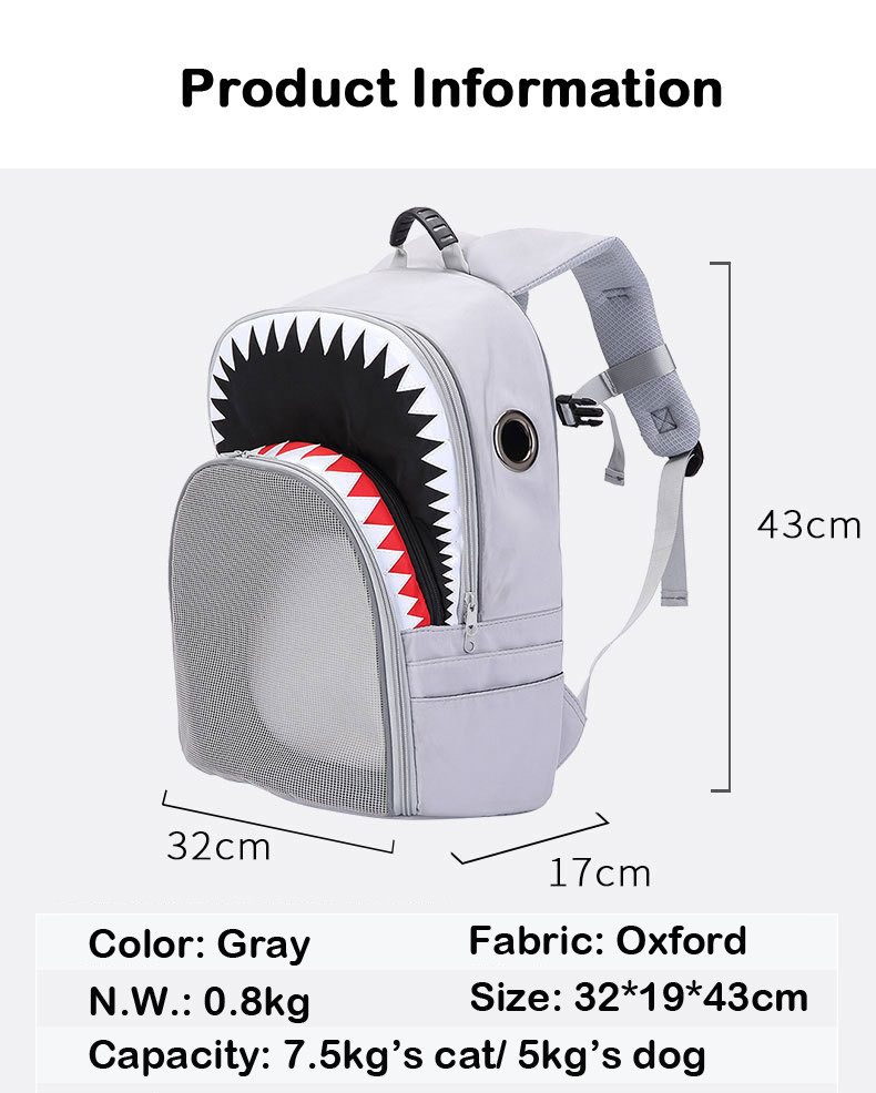 Custom 5kg Small Dog Carrier Backpack Shark Pattern Cat Holder Backpack Breathable OEM