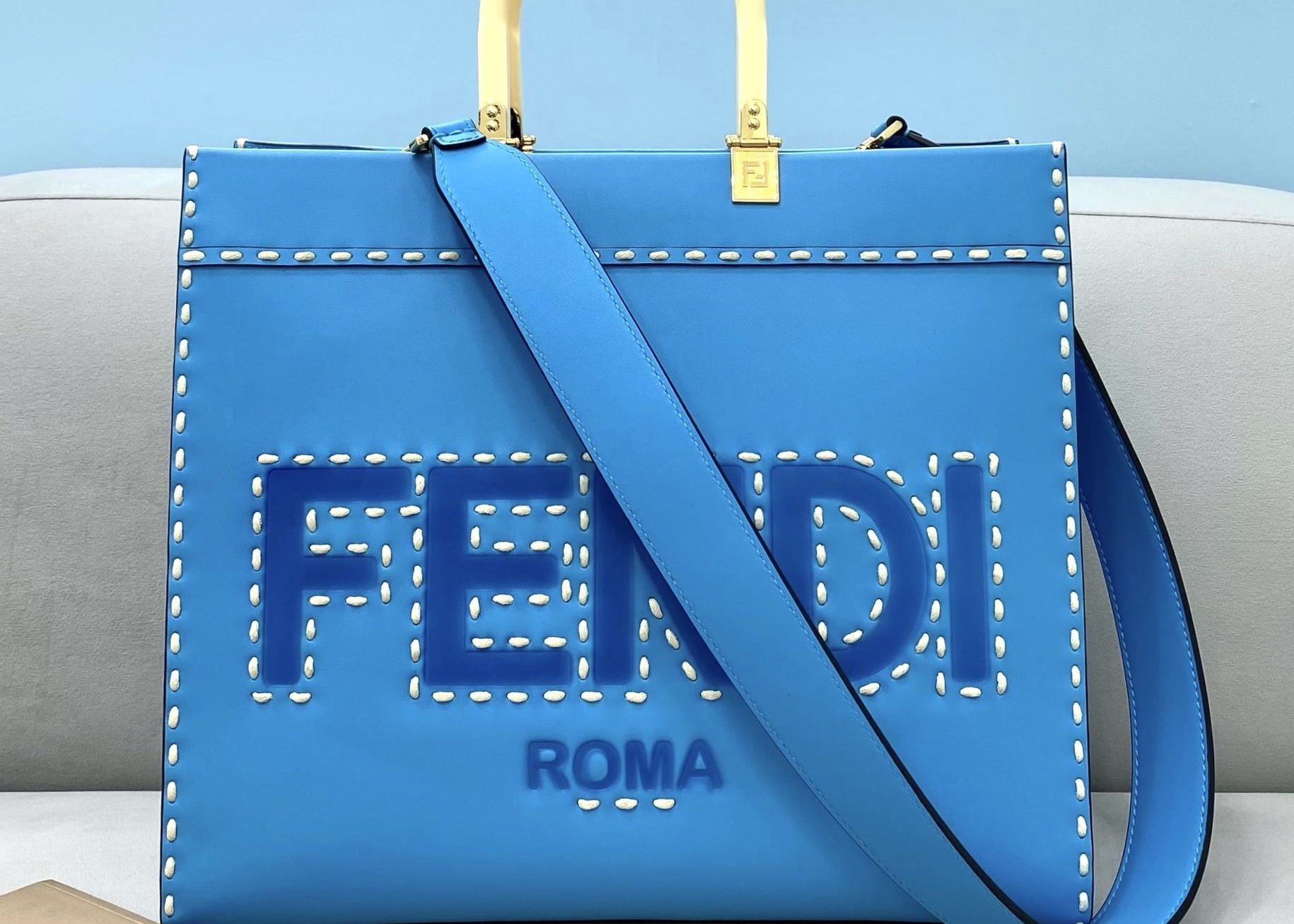 Stitching Womens Leather Tote Shopper Bag Blue With Single Shoulder Strap