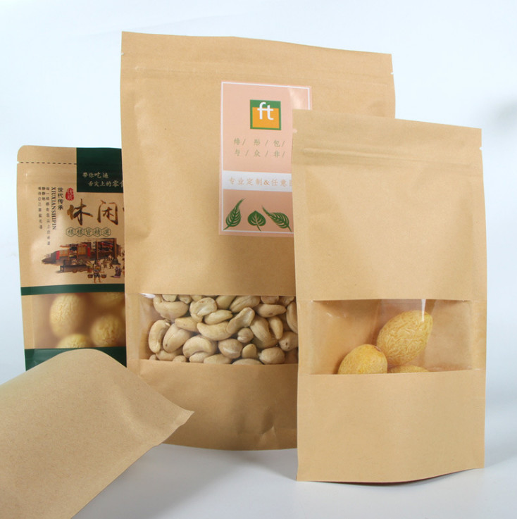 Stand up kraft k paper bag with clear window for cookies and nuts packing