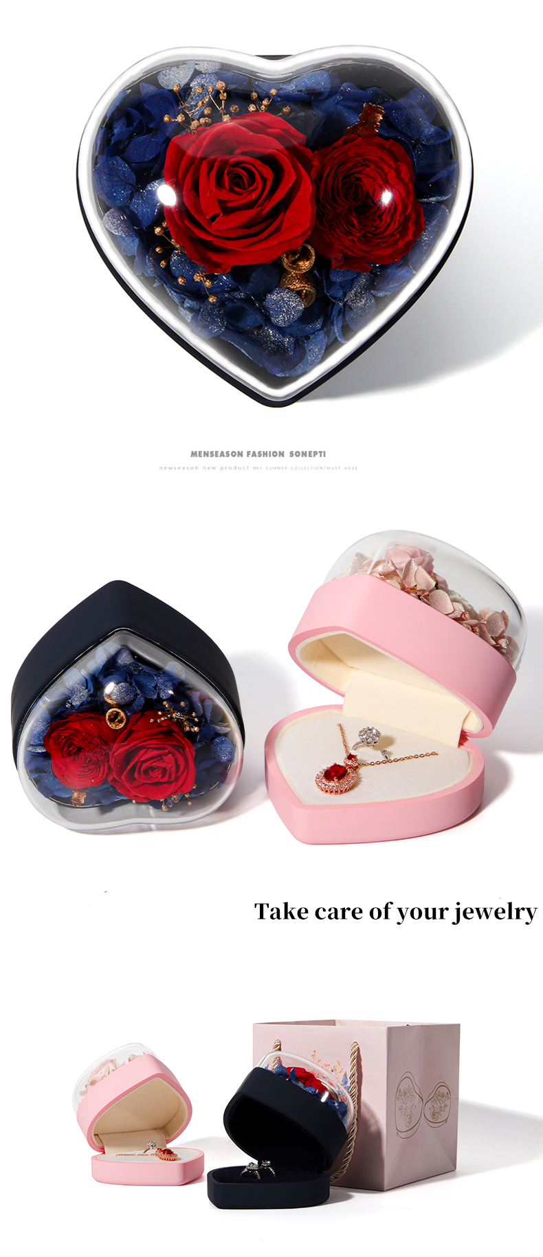 Custom Flower Jewelry Box Heart Shaped Gift Box With Velvet Packaging Box