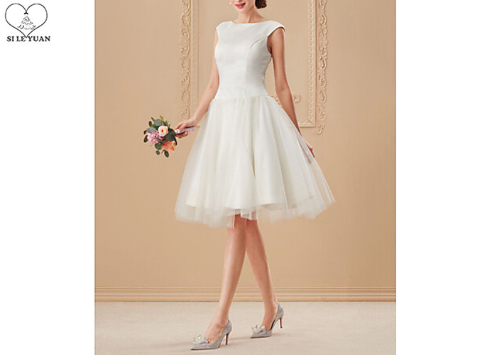Off White Short Fitted Wedding Dress Sleeveless Top Satin Tulle Hems Back Zipper