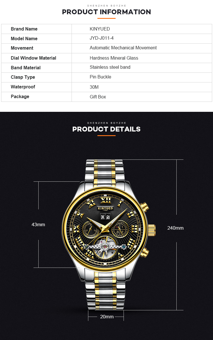 Black dial fashion brand KINYUED watch tourbillon automatic mens watch mechanical