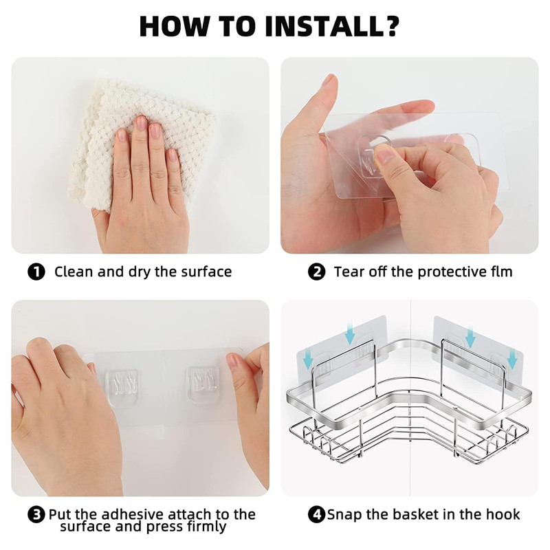 L-shaped Design No drilling Stainless Steel Strong adhesive Shower Organizer Shelf with 8 hooks