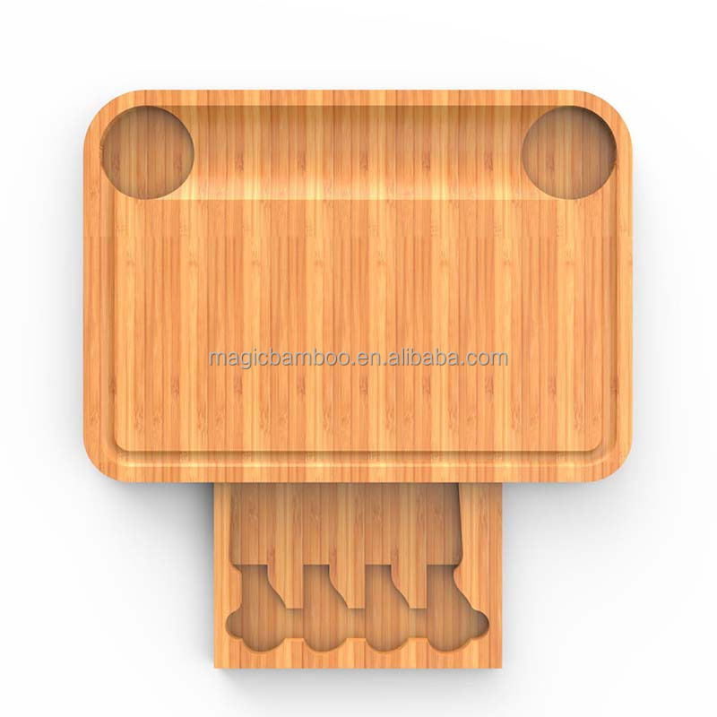 Rectangular Bamboo Cheese Board with Pull-Out Complete Set of Cheese Knives and Design