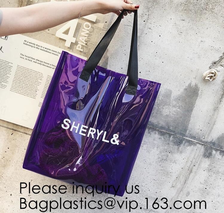 Reusable Custom Transparent PVC Shopping Bag Promotional Items Ladies Clear Plastic Beach Tote Bags Women, bagease, pack