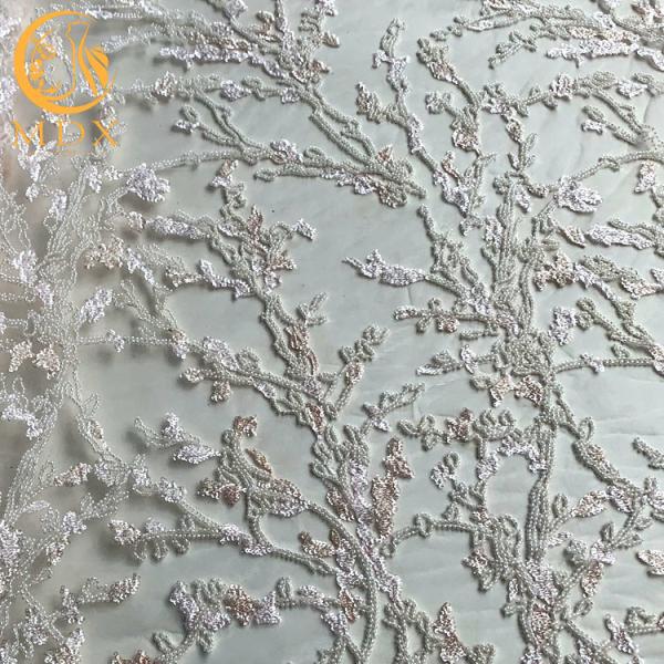Buy cheap Machine Embroidery Beaded White Lace Fabric MDX Sequin 20％ Polyester from wholesalers