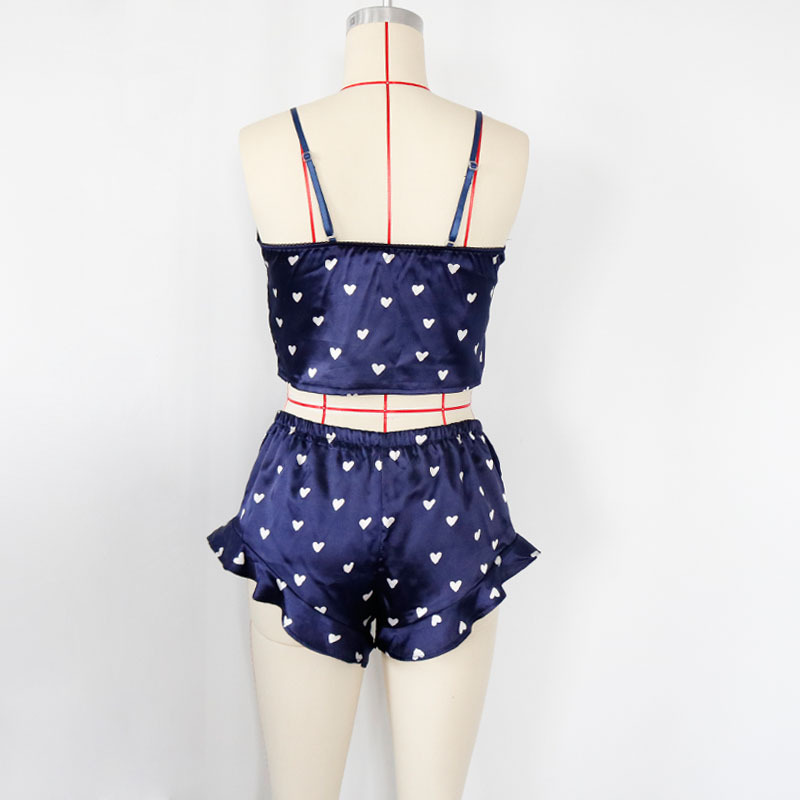 Sweet Cute Sleeveless Short Nighty Sets Sexy Soft Satin Heart Pajama For Women