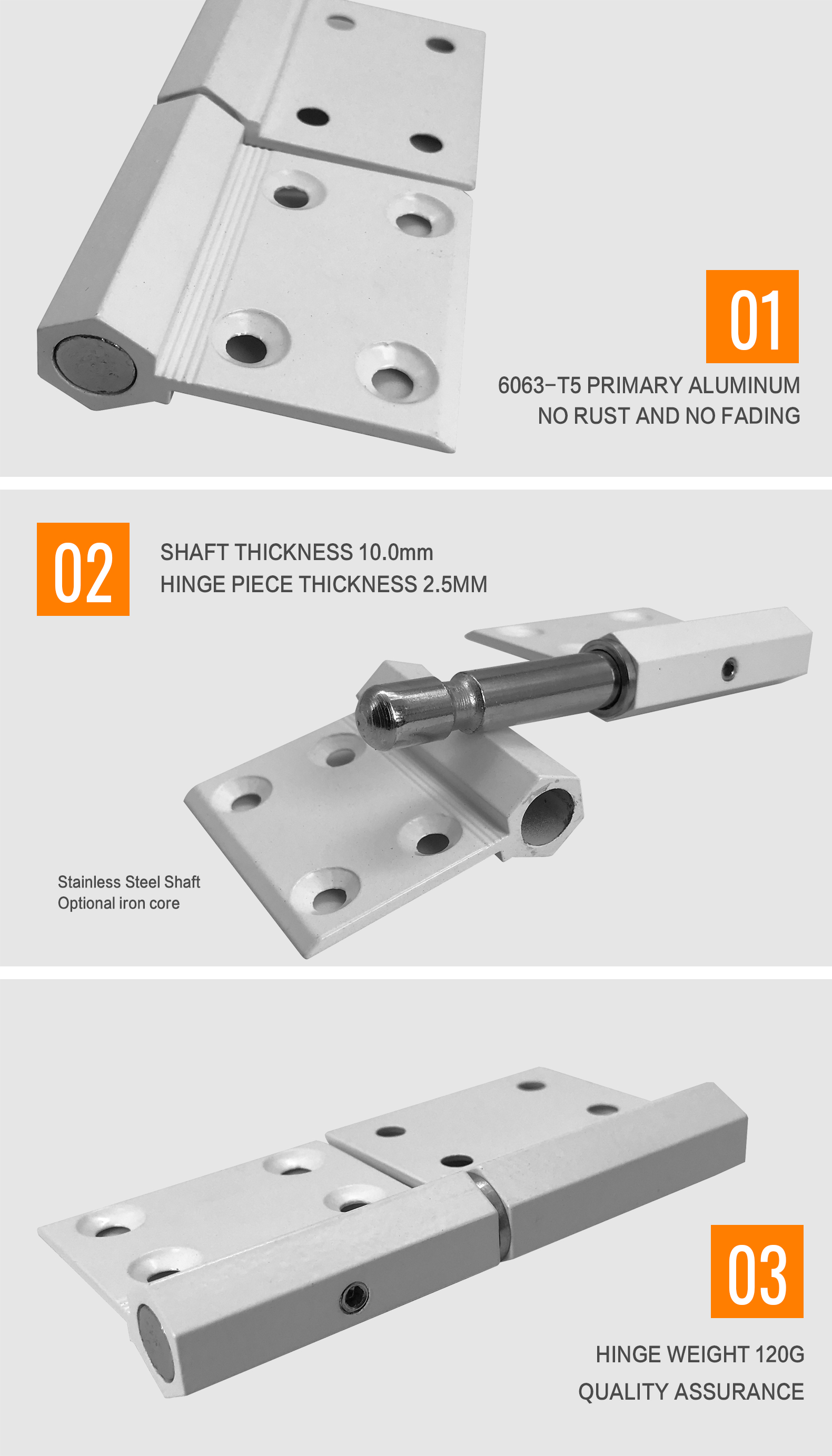 Door Heavy Duty Aluminum Hinge White For Fast Proofing 0-180 Degree Opening