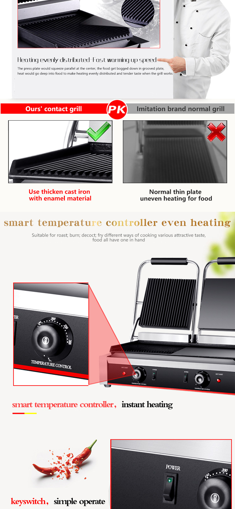 Electric Contact Grill Non-Stick Surface and 1/2 Grooves for Customer Requirements
