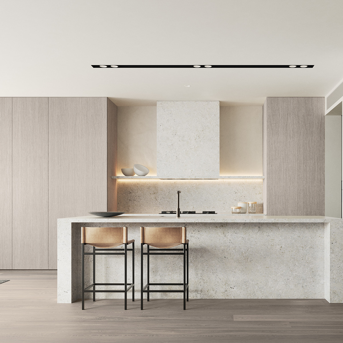 Modern Cabinet White Oak Wood Veneer Handless Frameless Contemporary Kitchen Cabinet