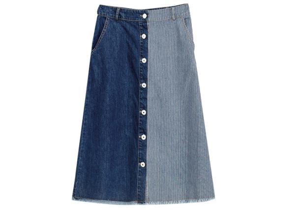 Buy cheap CF Buttons Ladies Dress Skirt Contrast Stripe Denim 100% Cotton Mid Length from wholesalers