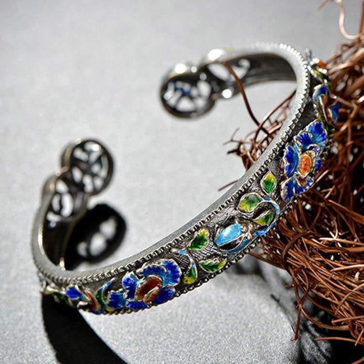 925 Silver Colorful Enamel Cuff Bracelet Vintage Jewelry for Women (B6050602)