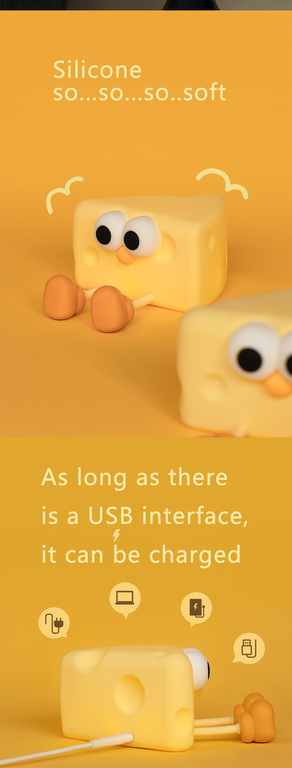 China Factory Modern Design USB Rechargeable Silicone Baby Night Light Lamp Smart Home Lighting With A Cheese DesignFor Girls Bedroom