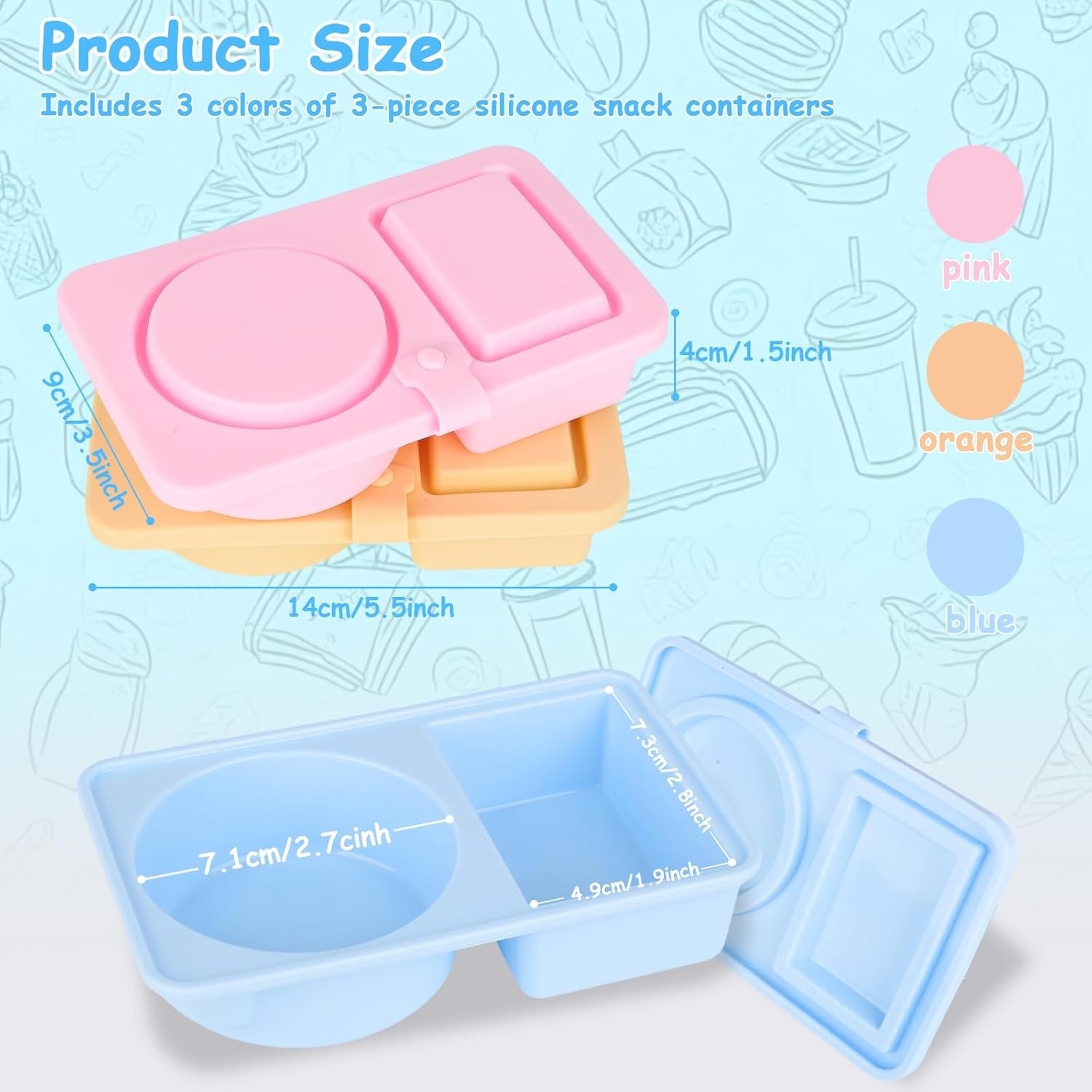 Silicone Reusable Snack Containers With Lids, 3 Pack Double/2 Compartment Snackle Box Container For Salad Sauce, Condiment Containers With Lids For