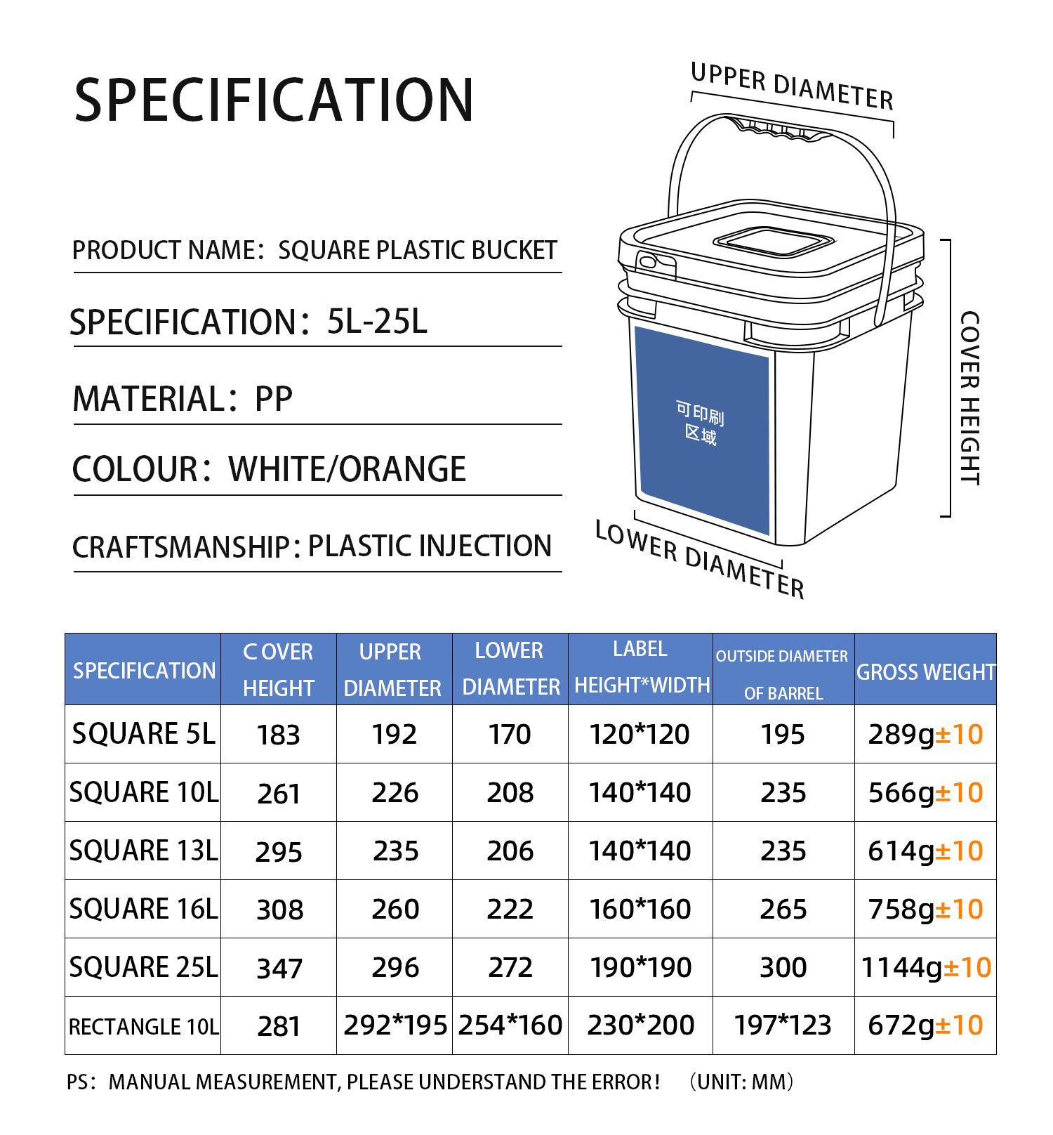 Food Grade 1 Gallon Food Safe Bucket High Density Polyethylene Bucket OEM