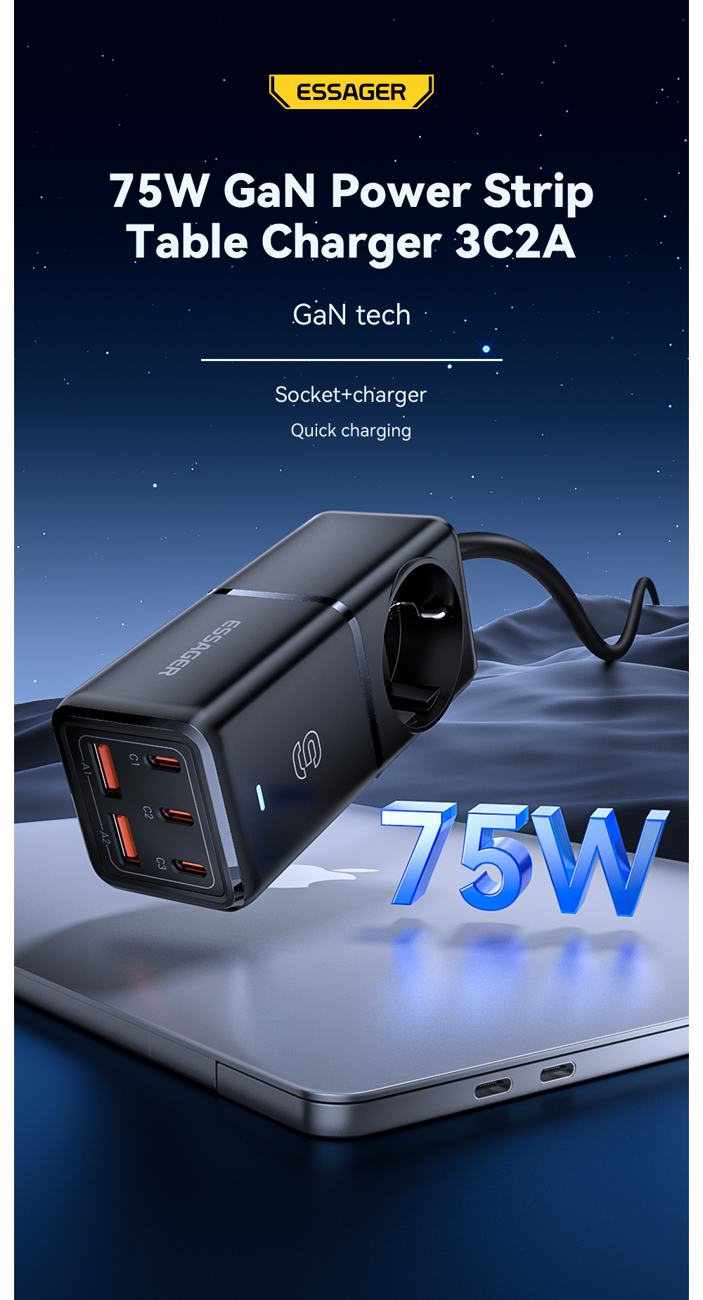 USB A USB C GaN Chargers Power Strip WL-Gan75-EU Series With EU Plug