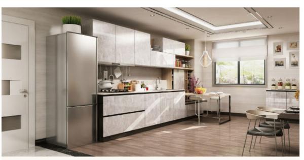 Buy cheap SGS Modern Modular Kitchen Cabinets Long Acrylic Door Panels Quartz Stone Countertops from wholesalers