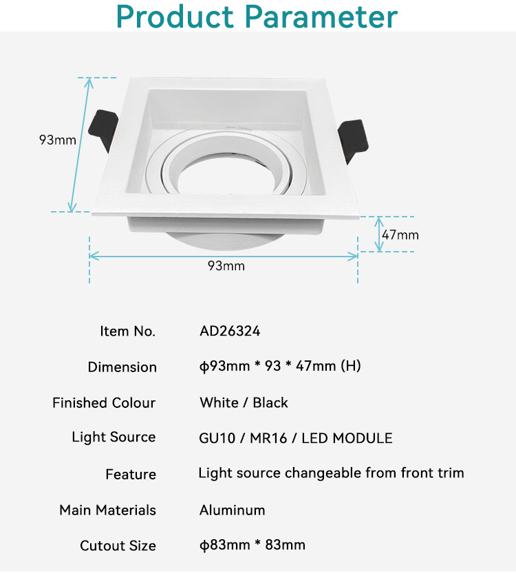 Aluminum Square Recessed Spotlight 90° Rotation 20° Tilt Deep Anti-Glare For Commercial Lighting