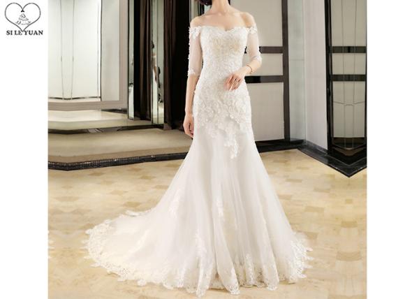 Buy cheap Half Sleeve Ivory Lace Mermaid Wedding Dress Beading Off Shoulder Back Bandage from wholesalers
