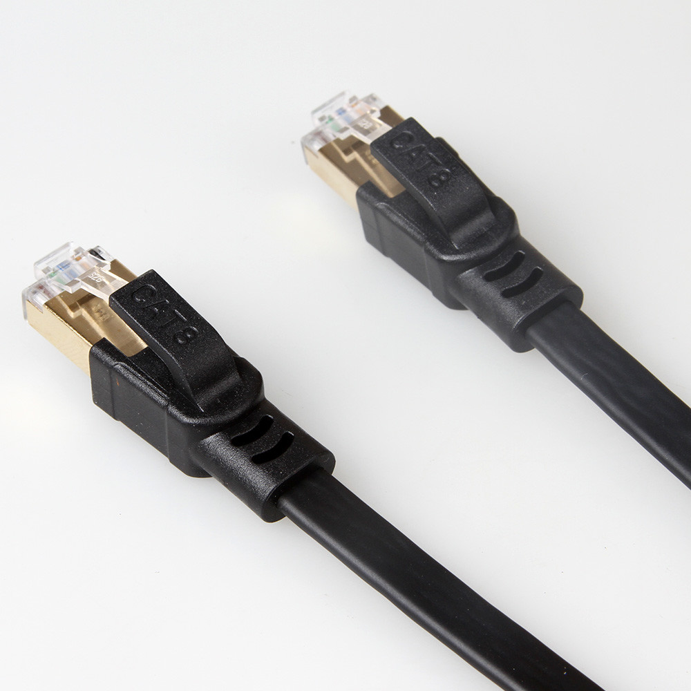 Black Shielded Cat8 Flat Ethernet Cable With Gold Plated RJ45 Connector