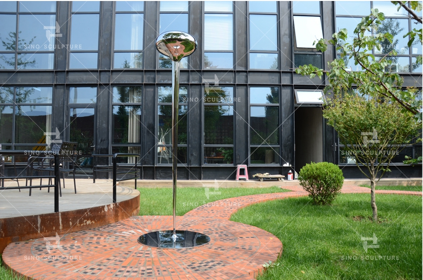  completion and inspection of the mirror contemporary stainless steel sculpture - Drip