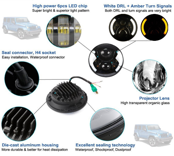 Chrome LED Work Light For Jeep Wrangler , 70W Cree Round LED Headlamp