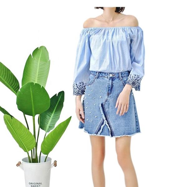 Buy cheap Fashionable Floral Off Shoulder Ladies Denim Top , Off Crop Sexy Denim Blouse from wholesalers