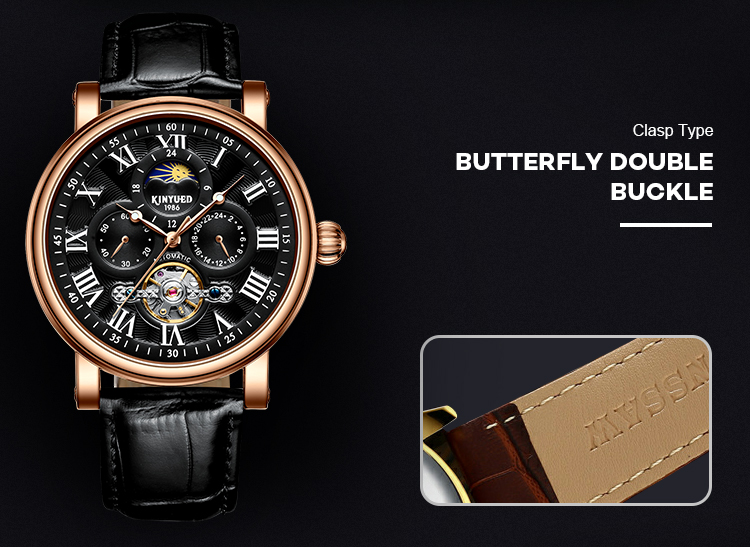 KINYUED wristwatches automatic men moon phase luminous tourbillon skeleton mechanical watch