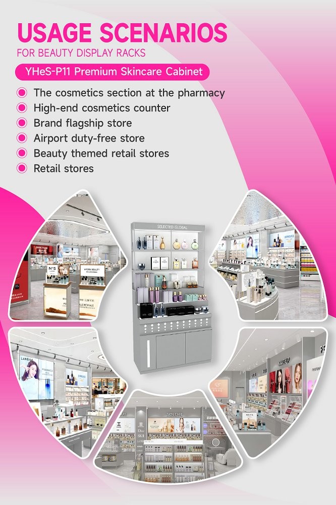 YHeS-P11 10*10 Mirror Stainless Steel Tube Skincare Display Rack for High-End Stores