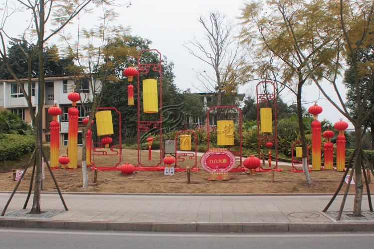 Red Decorated Special Lamp Post Lantern Display On Chinese Street