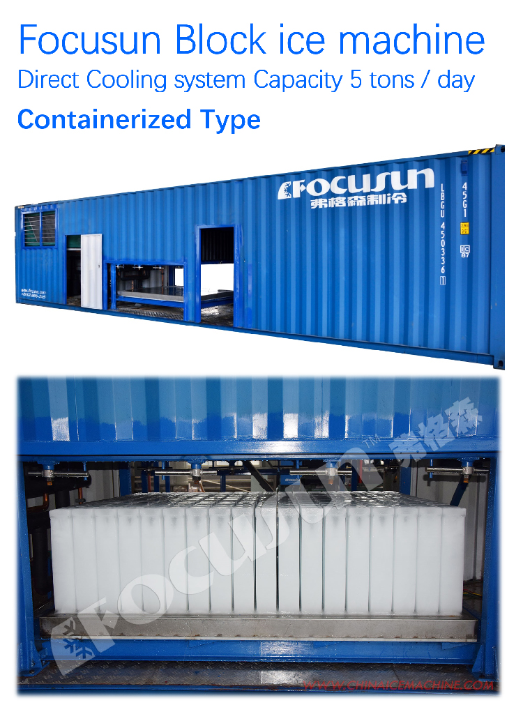 All-in-One Container Focusun 5 Tons/Day Air-Cooling Direct Cooling Block Ice Machine