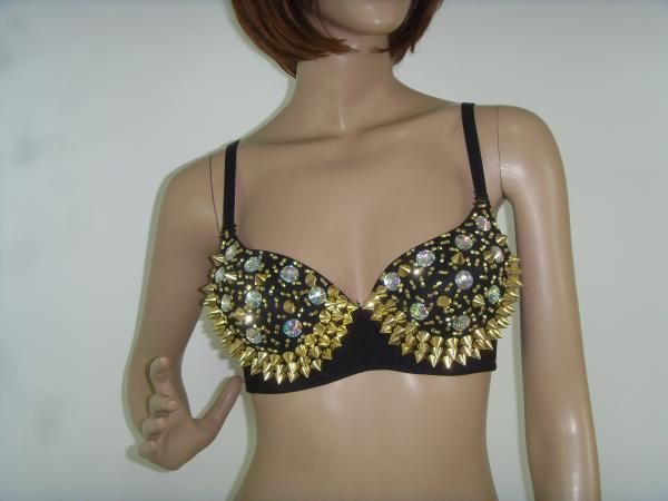 Buy cheap Black Strap Ladies Night Club Wear Sexy Sequin Beaded Bra With Silver Rivet from wholesalers