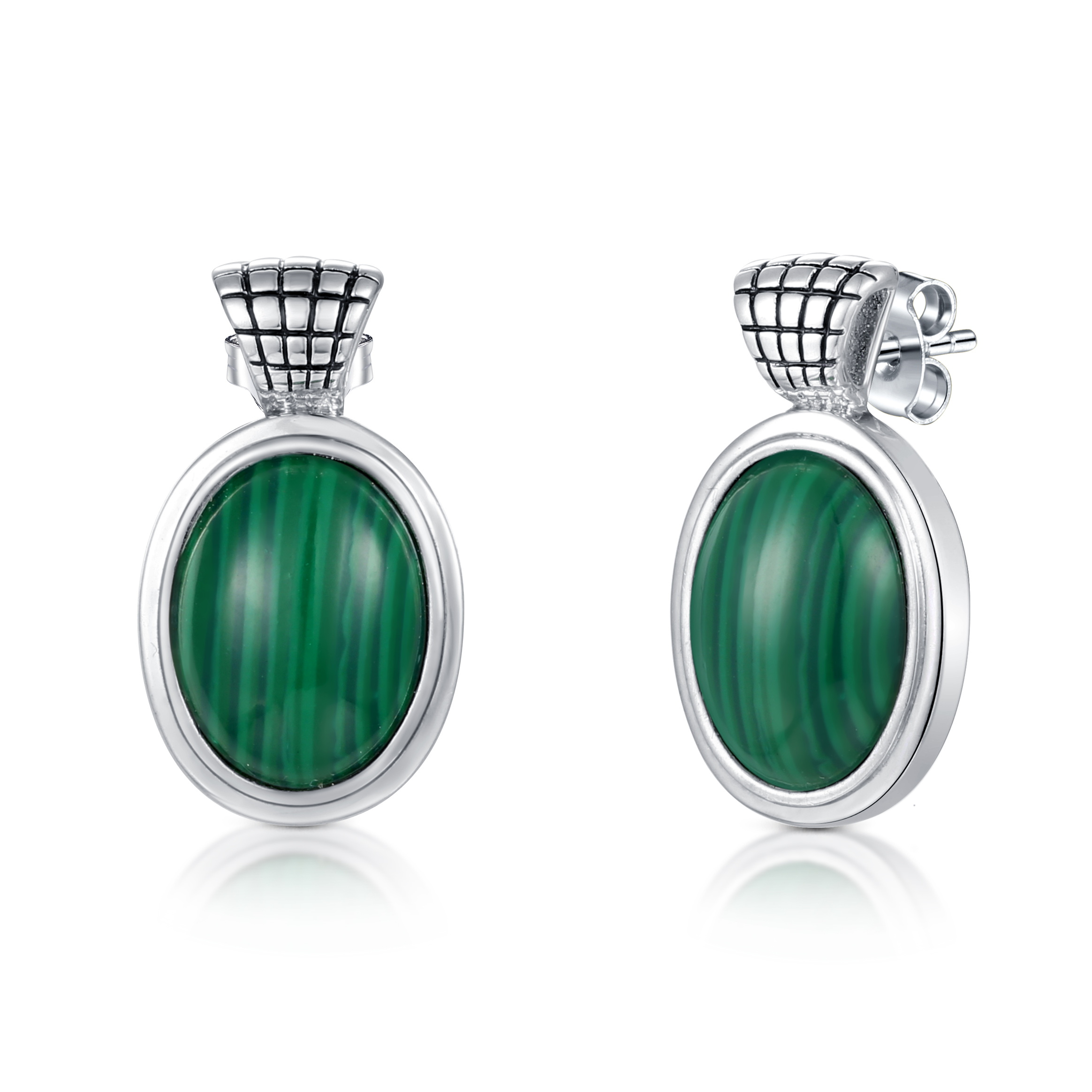 Oval Shape Malachite Stud Earrings 4.75gram 925 Silver Micropave Technology
