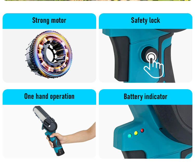 Mini 3 4 Inch Guide Bar Battery Chainsaw blue For Wood Cutting