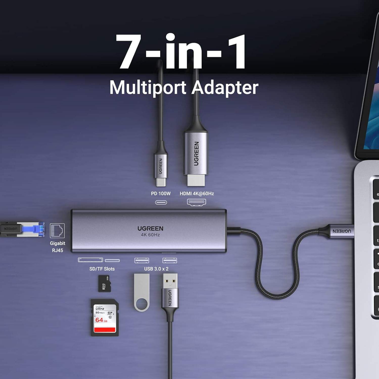 7 in 1 USB C Hub Gigabit Ethernet Adapter 100W PD Charging, USB A Data Ports, SD/TF Card Reader
