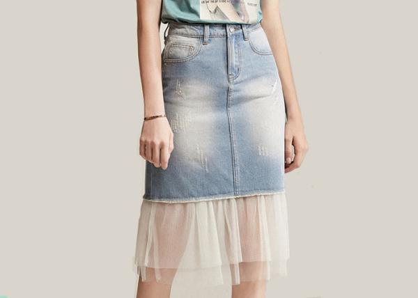 Buy cheap ODM OEM High Waisted Denim Skirt Tulle Mesh PatchedHem Light Indigo Jeans Wrap Skirt from wholesalers