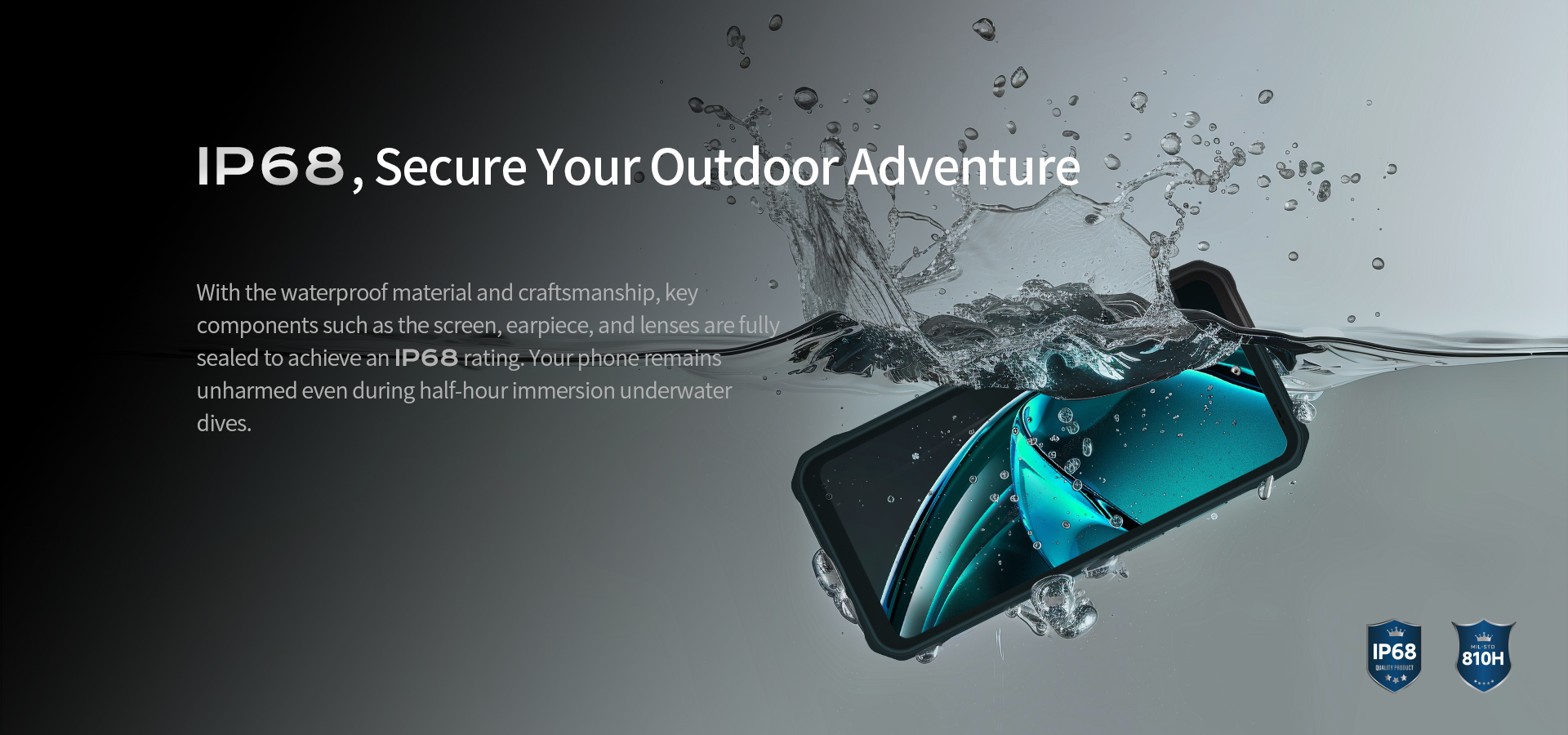 IP68 Rugged 6.5inch Black Android Mobile Phone with 14 GMS NFC Triple Camera Fast Charging