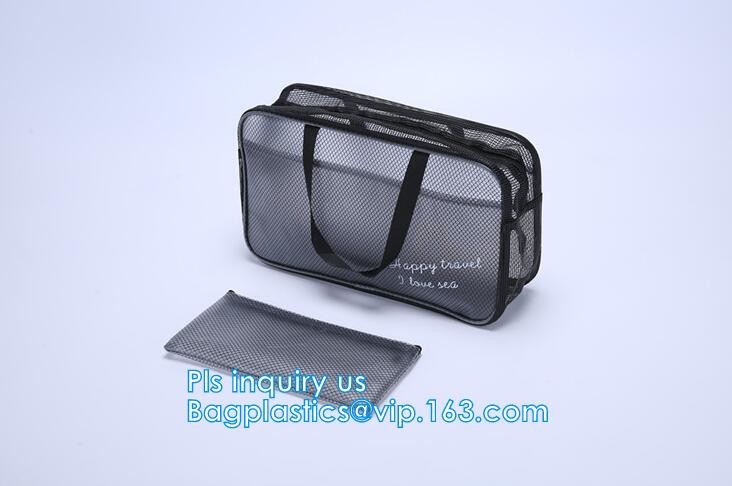 Embroidery Logo black nylon mesh cosmetic bag with zipper, mesh net zipper cosmetic makeup bag with custom logo, Women M