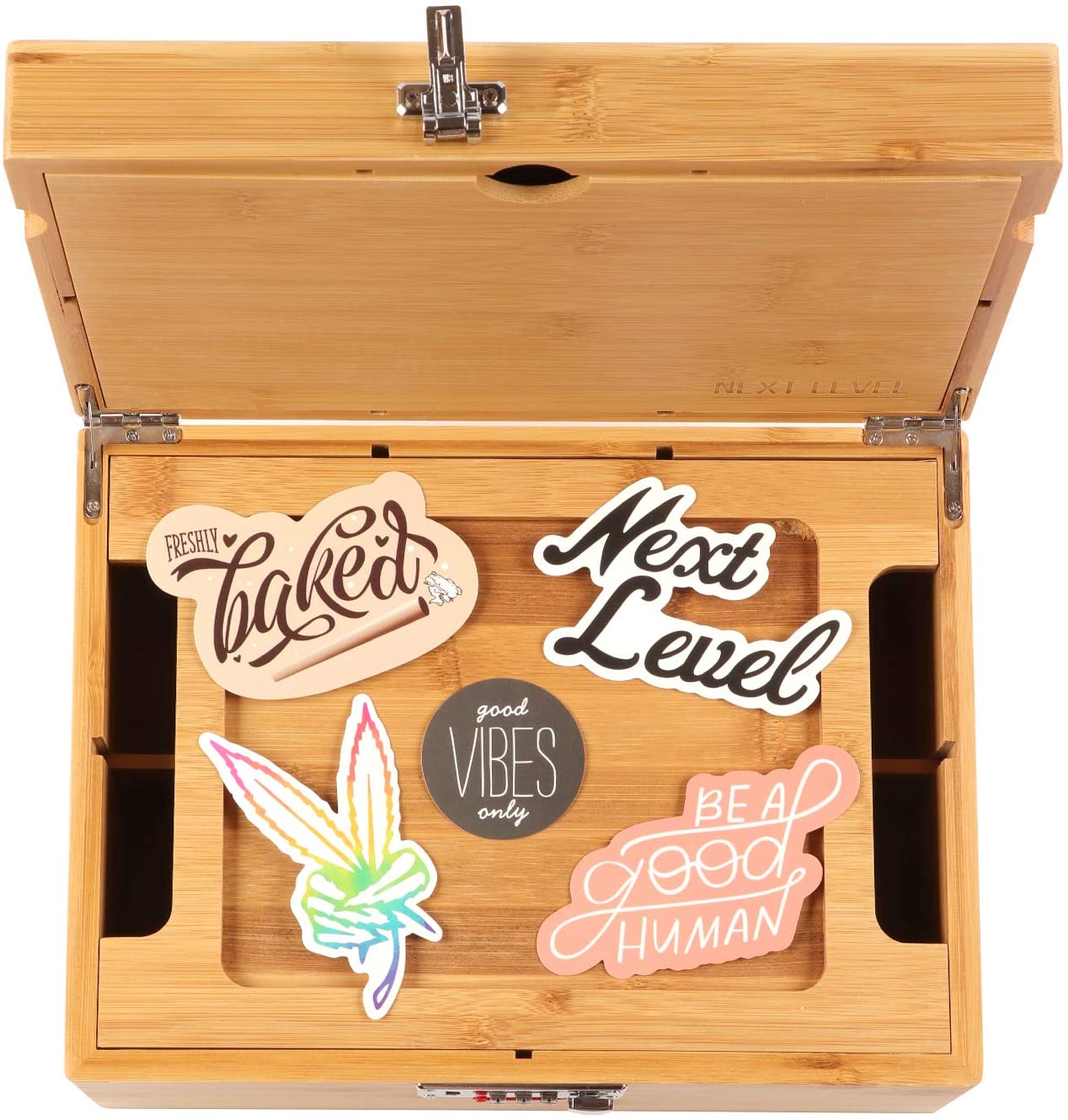 bamboo Stash Box with Rolling Tray for Herbs and Accessories Store Grinders Papers Portable Organizer with Dividers
