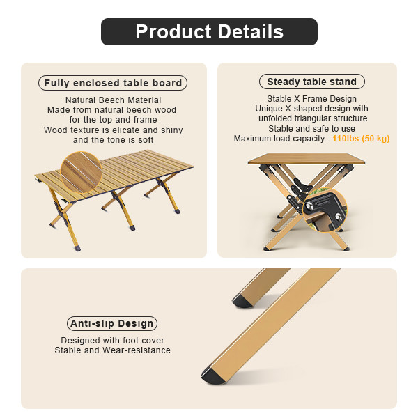 Lightweight Roll Up Folding Camping Coffee Table 6.70kg Wood Grain Color Metal Folding Table