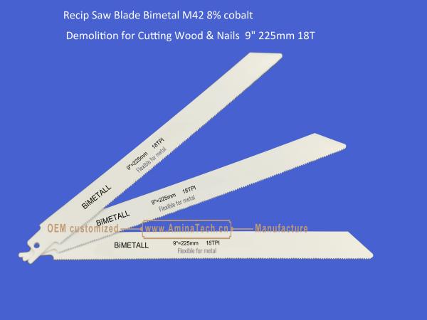 Buy cheap Recip Saw Blade Bimetal M42 8% cobalt Demolition for Cutting Wood & Nails 9" 225mm 18T,Power Tools from wholesalers