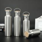 Stainless Steel Double Wall 12 Oz Sliver Insulated Sports Bottle With Wooden Lid