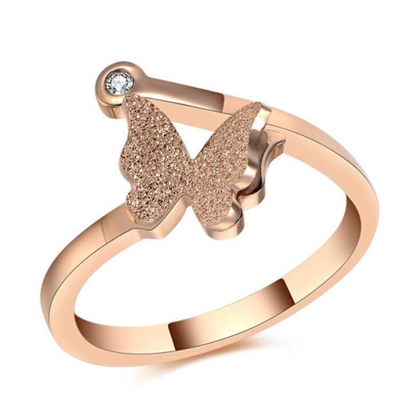 Buy cheap Rose Gold Butterfly Rings for Girl Diamond Finger Ring for Lady Stainless Steel Frosted Gold Ring from wholesalers