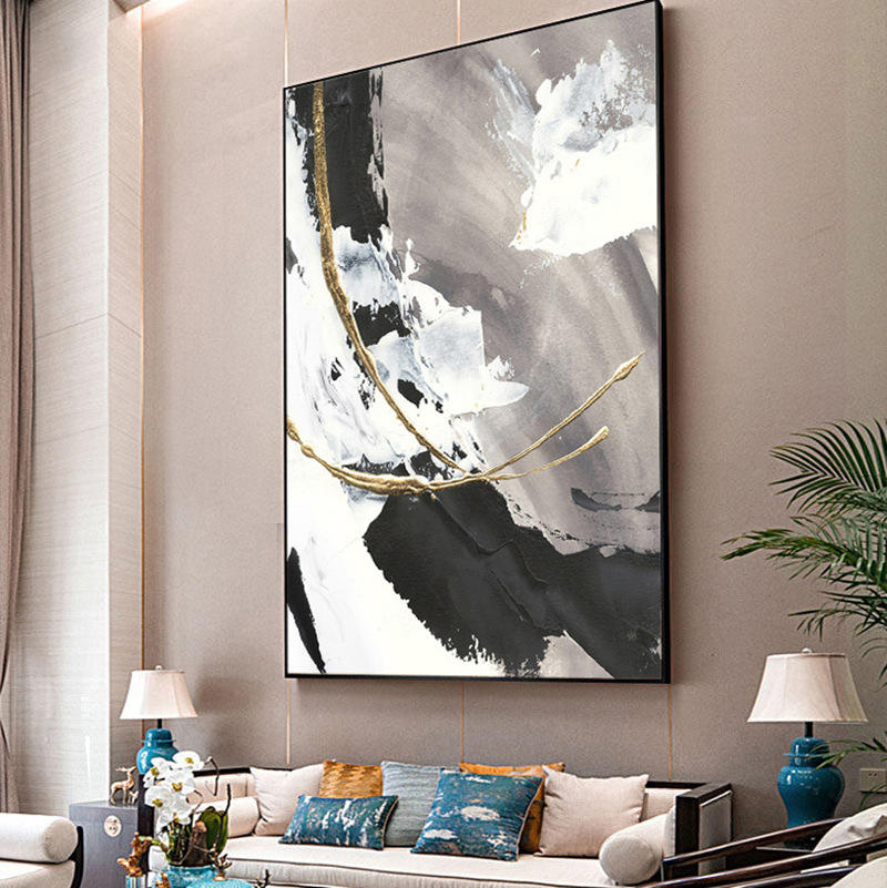 Canvas Support 100% Hand Made Nordic Black White Gray Custom Hand Painted Abstract Oil Painting for Living Room Decoration