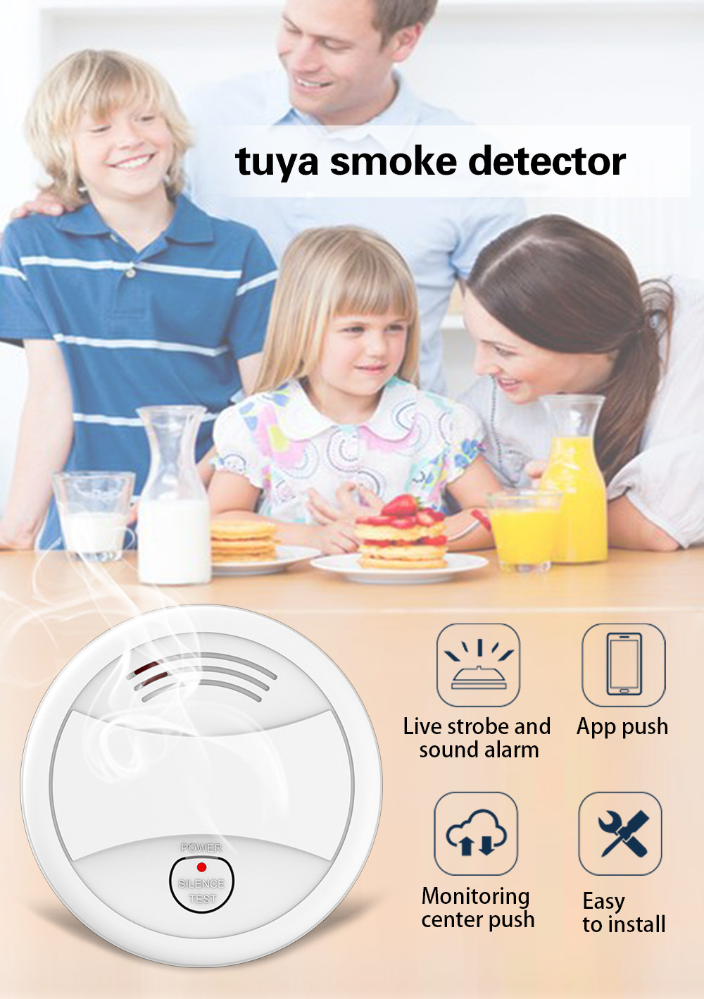 Tuya Smart Home Energy-saving Battery Power Supply Mobile App Push Wifi Smoke Detector
