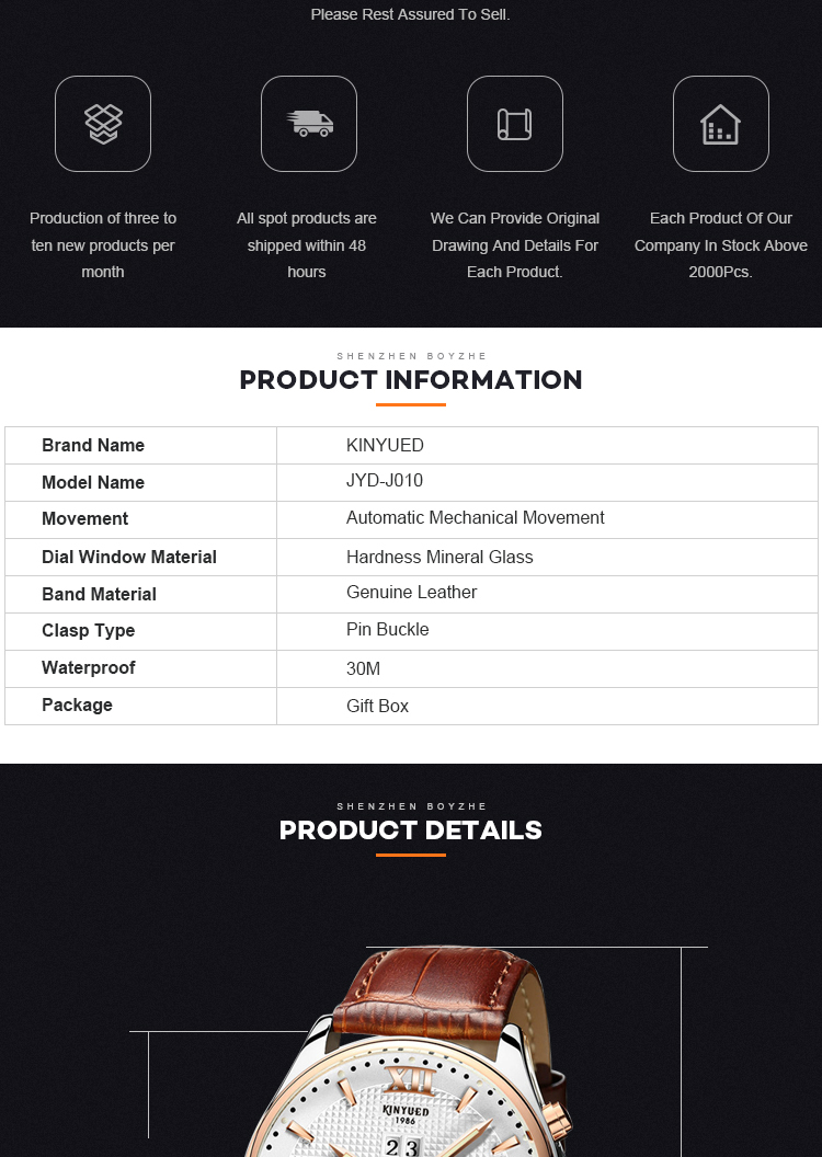 KINYUED Power Reserve Sport Custom Waterproof Watch Genuine Leather Strap For Watch Mechanical Wristwatch