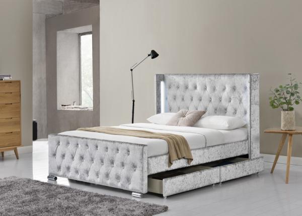 Full Bed Frame with Upholstered Button Tufted Storage Headboard, Wooden Slats