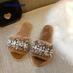 Diamond Jewelry decorative Outdoor Fur Slippers For Women