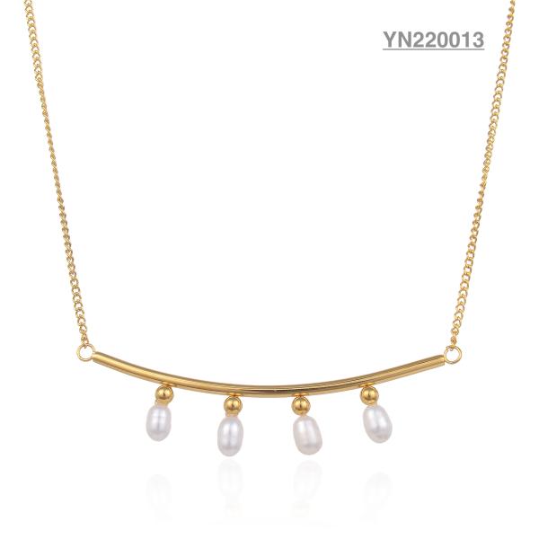 Buy cheap Luxury brand 4 white pearl embellished pendant necklace stainless steel necklace from wholesalers